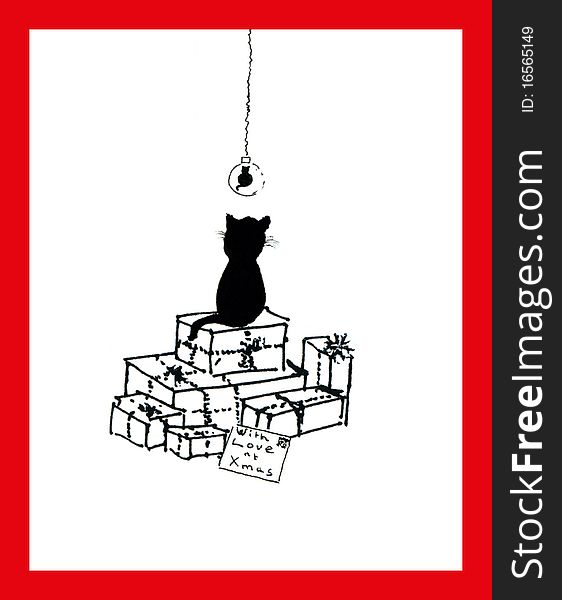 An illustration of a Kitten atop a bundle of Christmas presents. An illustration of a Kitten atop a bundle of Christmas presents.