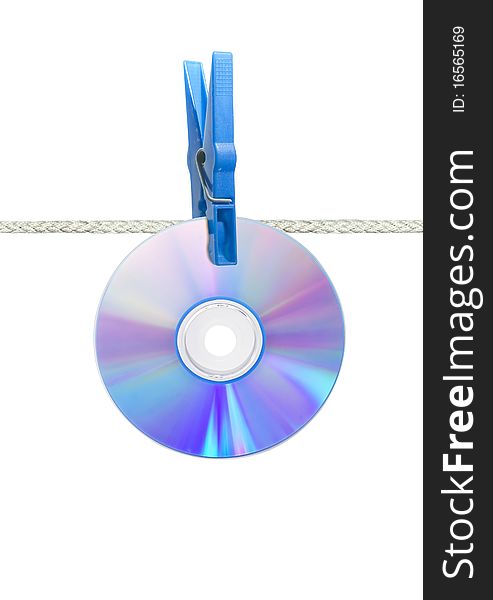 Cd on rope with clothes pin isolated. Cd on rope with clothes pin isolated
