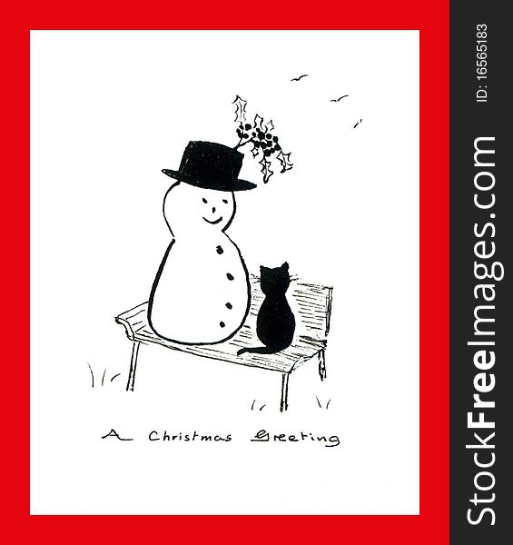 Cat & Snowman On Park Bench