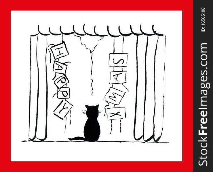 An illustration of a Kitten on a windowsill at Christmas. An illustration of a Kitten on a windowsill at Christmas.