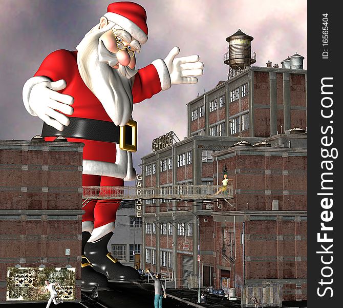 3d rendering gigantic Santa Claus in a quarter as illustration. 3d rendering gigantic Santa Claus in a quarter as illustration