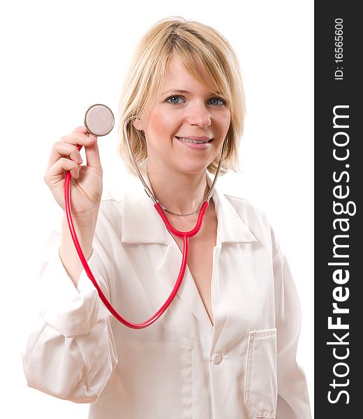 Smiling doctor holding red stethoscope isolated on white background. Smiling doctor holding red stethoscope isolated on white background