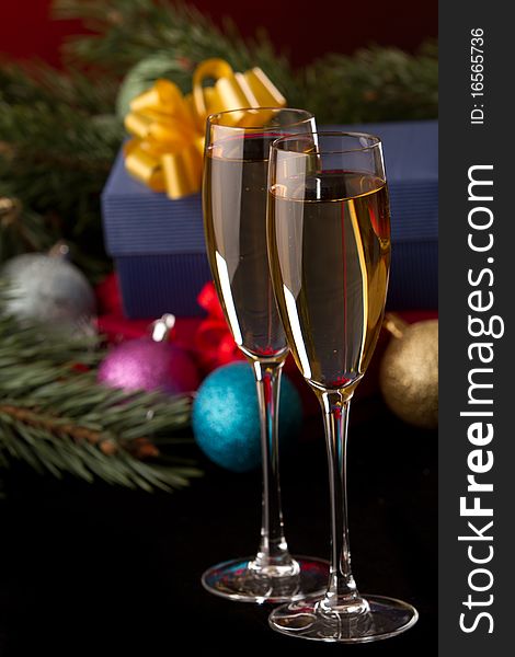 Christmas decoration and glass of champagne