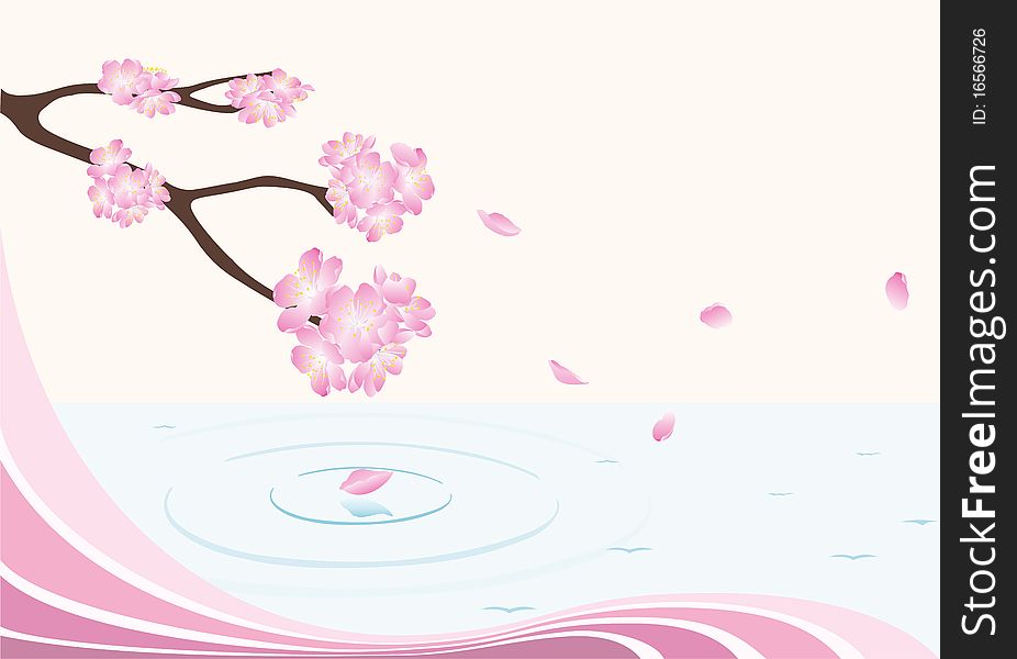 Corner of pink strips and flower branch above water. Corner of pink strips and flower branch above water