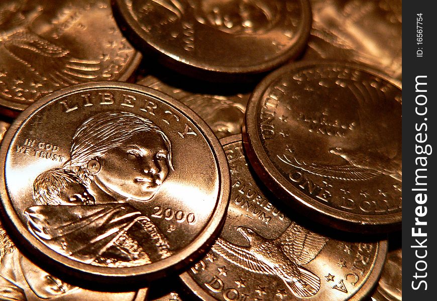 Close up, Sacagawea dollar pieces. Close up, Sacagawea dollar pieces