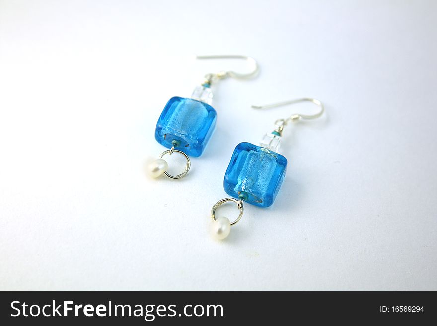 Sterling Silver Crystal Blue Earrings with river pearl shot at the soft box