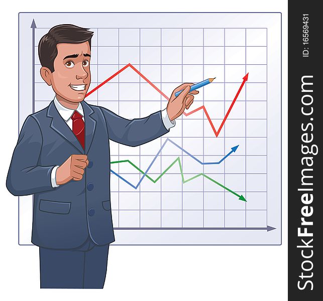 Businessman standing in front of the graph with pen in his hand. Businessman standing in front of the graph with pen in his hand