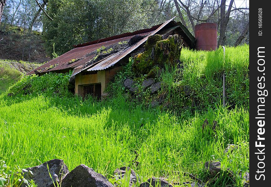 This old ice house has become overgrown. It's nearly disappeared from view. This old ice house has become overgrown. It's nearly disappeared from view.