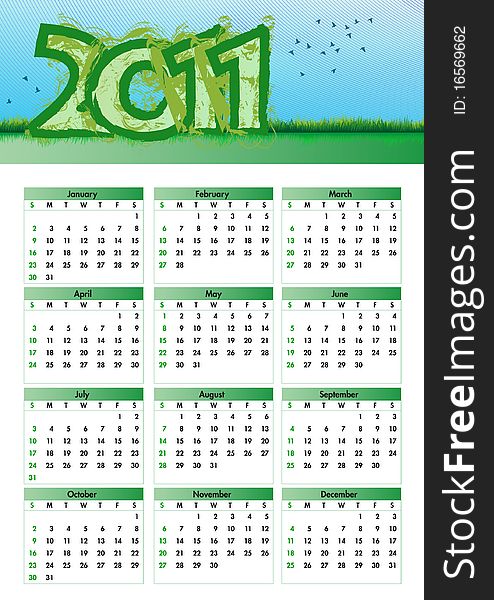 Wall calendar in naturalist style. With green and blue. Wall calendar in naturalist style. With green and blue