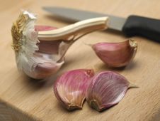 Garlic Bulbs And Cloves On Wooden Chopping Board Royalty Free Stock Photos