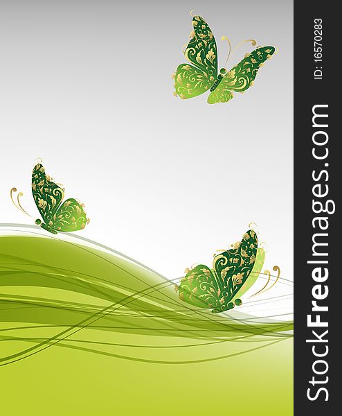 Green background with beautiful butterflies for your design, illustration