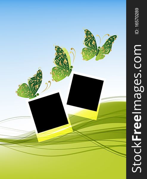 Green background with beautiful butterflies, insert your photos