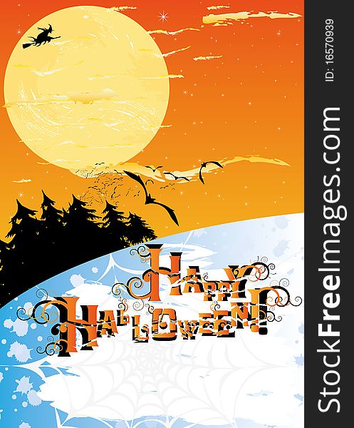 Halloween card with stars, moon, forest, witch and bats, and copy space. EPS 8