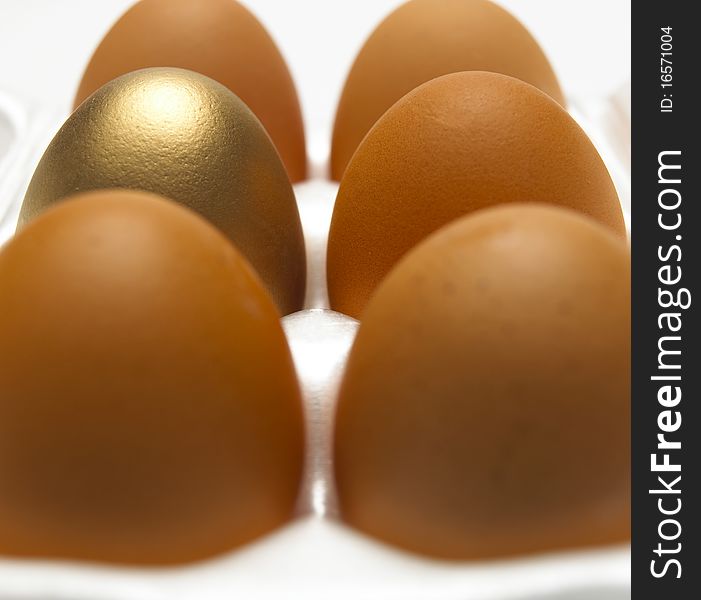 Close up of one gold and five brown eggs in white egg box