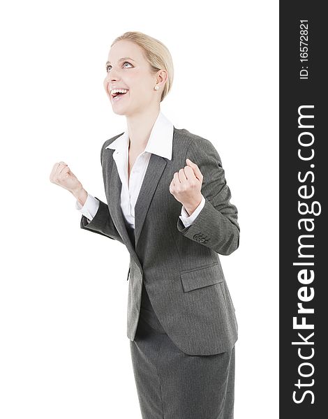Excited Businesswoman with hands raised. Excited Businesswoman with hands raised