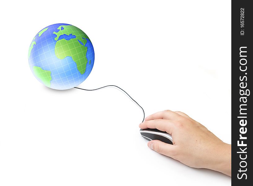 Hand with mouse connected in globe