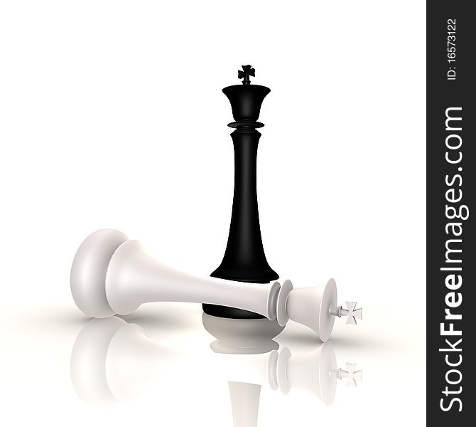 One king defeats the other in a game of chess, a 3d image. One king defeats the other in a game of chess, a 3d image
