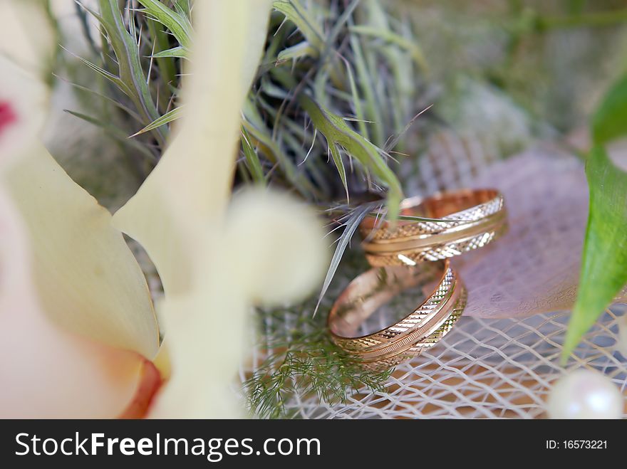 Wedding rings with flower closeup shot. Wedding rings with flower closeup shot