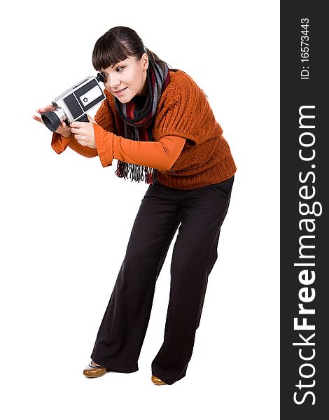 Young adult woman with retro camera. over white background. Young adult woman with retro camera. over white background