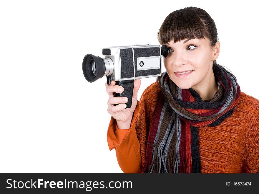Young adult woman with retro camera. over white background. Young adult woman with retro camera. over white background