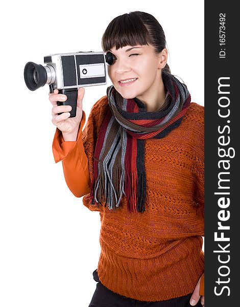 Young adult woman with retro camera. over white background. Young adult woman with retro camera. over white background