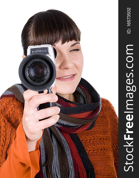 Young adult woman with retro camera. over white background. Young adult woman with retro camera. over white background