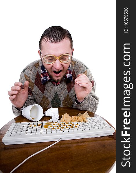 Silly man with broken keyboard. over white background. Silly man with broken keyboard. over white background