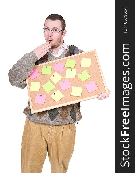 Young silly adult man with corkboard. over white background. Young silly adult man with corkboard. over white background