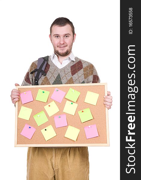 Young silly adult man with corkboard. over white background. Young silly adult man with corkboard. over white background