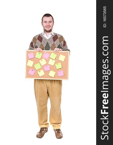 Young silly adult man with corkboard. over white background. Young silly adult man with corkboard. over white background