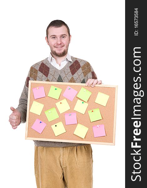 Young silly adult man with corkboard. over white background. Young silly adult man with corkboard. over white background