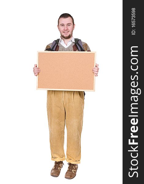 Young silly adult man with corkboard. over white background. Young silly adult man with corkboard. over white background