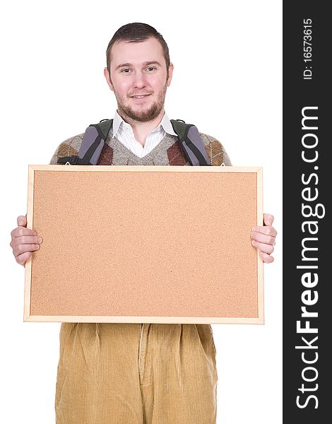 Young silly adult man with corkboard. over white background. Young silly adult man with corkboard. over white background