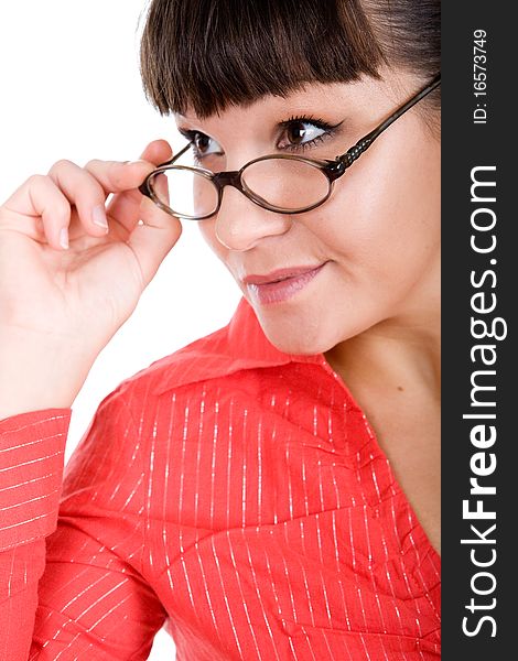 Young adult woman with glasses . over white background