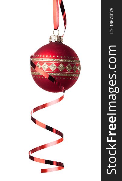 Christmas baubles with curly ribbon isolated on white. Christmas baubles with curly ribbon isolated on white