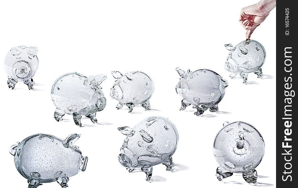 Glass Piggy Banks, group of objects, isolated on white background.
