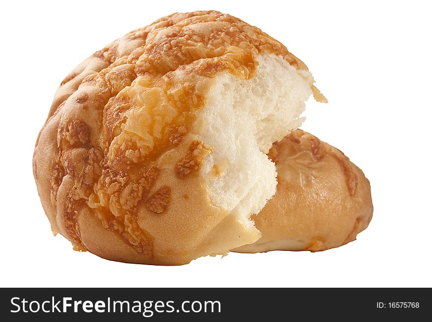 Rich white bread topped with cheese on a white background.