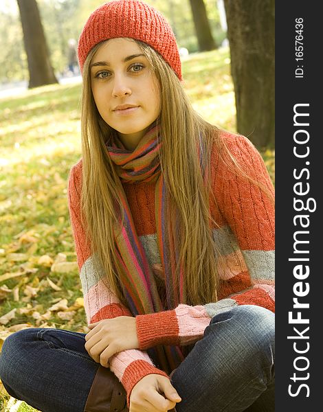 Portrait of a beautiful young woman. Sitting outside in a pile of autumn leaves, smiling. Portrait of a beautiful young woman. Sitting outside in a pile of autumn leaves, smiling