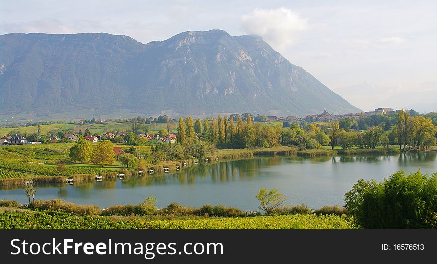 Savoyard landscape in fall during a sunrise in france