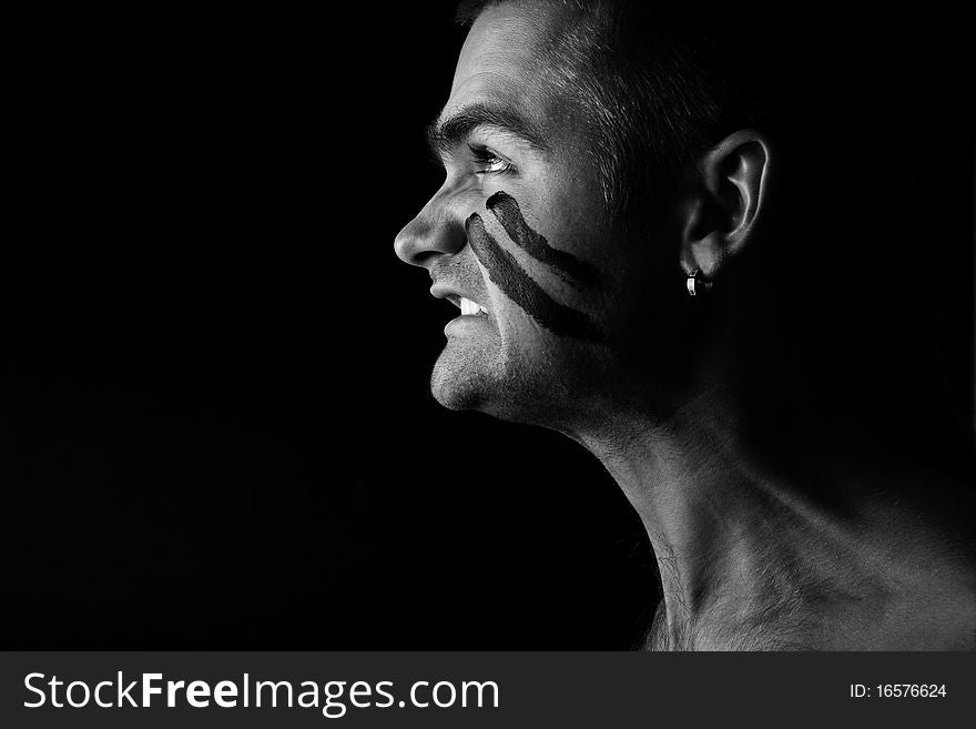 Profile View of Man expressing the aggression and pain. Black and White