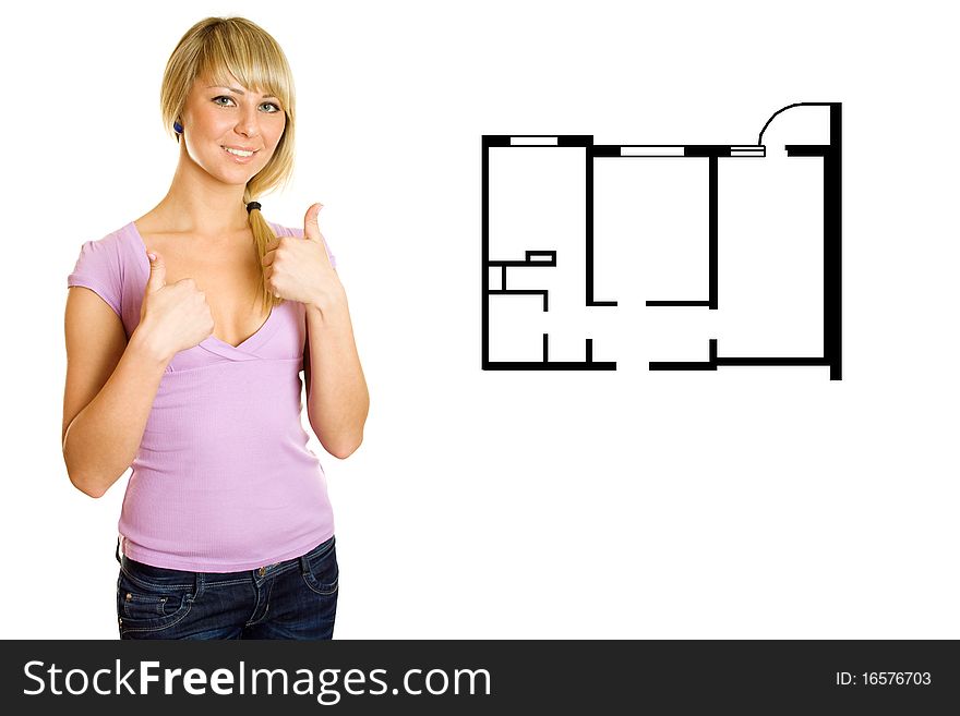 Beautiful blonde woman showing their appreciation for work well done. Approves the plan of the apartment. Beautiful blonde woman showing their appreciation for work well done. Approves the plan of the apartment