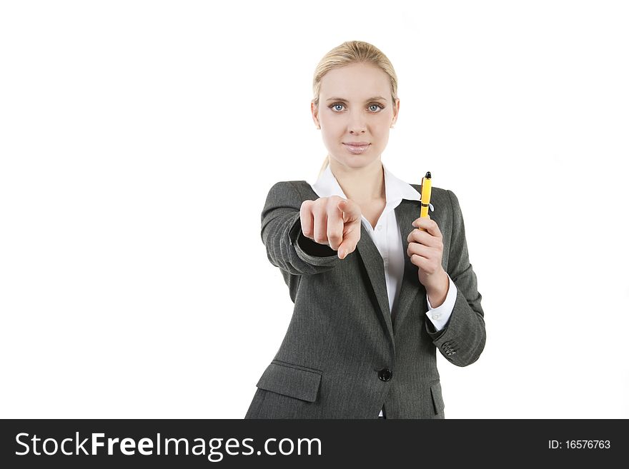 Businesswoman pointing, lots of copy-space. Businesswoman pointing, lots of copy-space