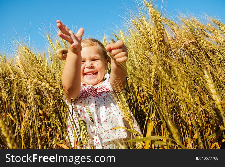 Happy cute toddler girl among ripe wheat ears. Happy cute toddler girl among ripe wheat ears