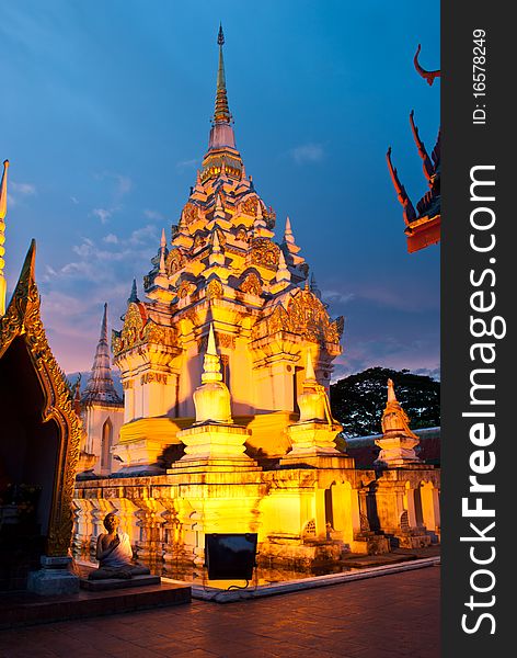 Thai pagoda at night in chaiya, suratthanee, thainee