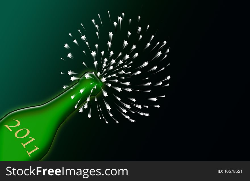 Bottle and fireworks on a green background. Bottle and fireworks on a green background