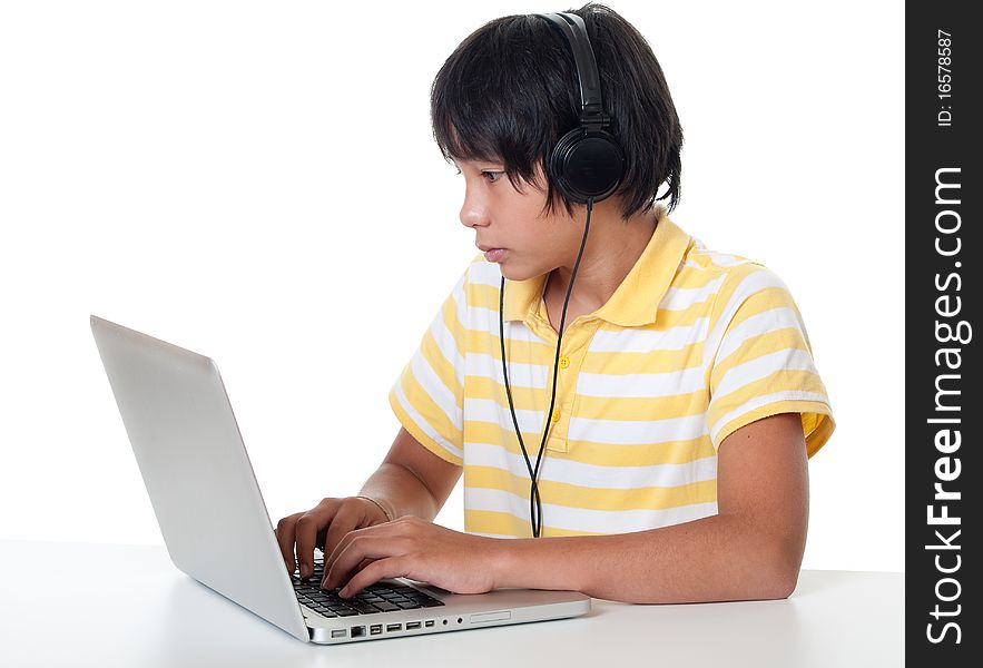 Boy with laptop, child work with computer against white background