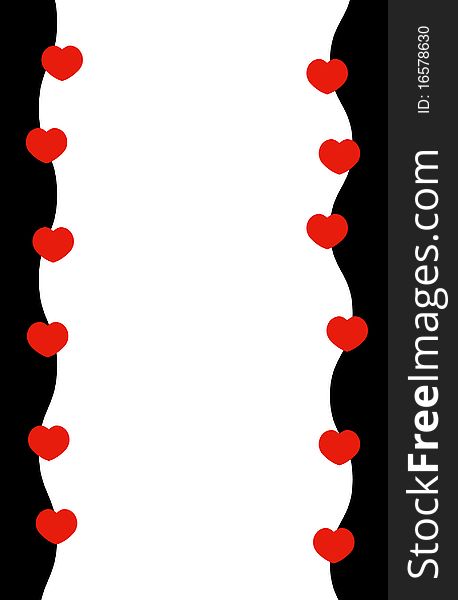 Greeting card with black border and falling red hearts. Greeting card with black border and falling red hearts