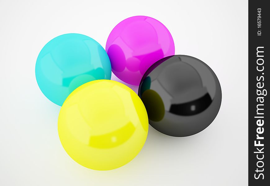 High quality 3D render of isolated CMYK balls. High quality 3D render of isolated CMYK balls