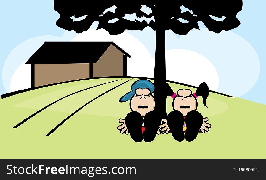 Cartoon of two children sleeping under a tree. Cartoon of two children sleeping under a tree