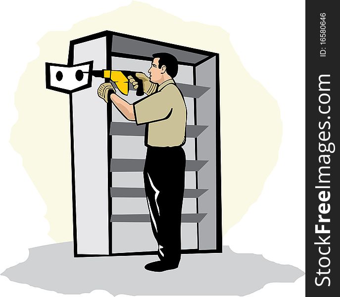 Clipart illustration of a man using a drill to install shelving. Clipart illustration of a man using a drill to install shelving